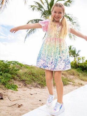 Lola + The Boys Iridescent Sequin Rainbow Dress in Pink, Blue, Green